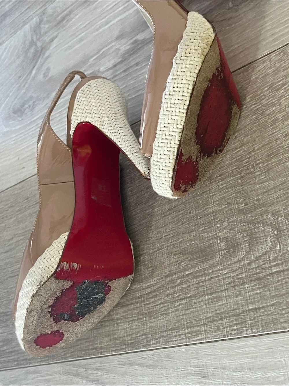 Christian Louboutin Nude Patent Peep-Toe Slingback Wedge Espadrilles